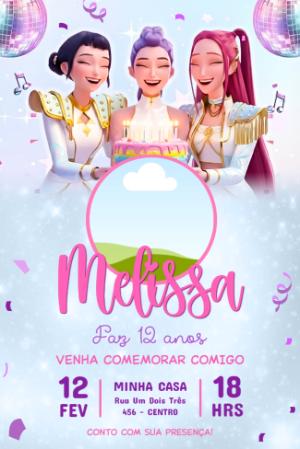 Convite de Aniversário Guerreiras K-pop com Foto Editável