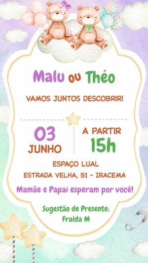 Convite Chá Revelação Ursinhos Lilás e Verde Editável