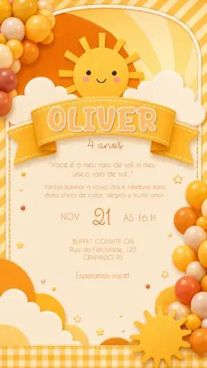 Convite de Aniversário Infantil Tema Sol Editável