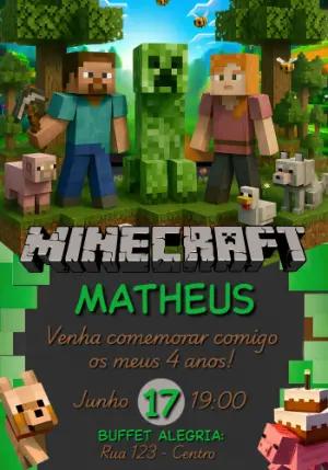Convite de Aniversário Minecraft Infantil para Editar