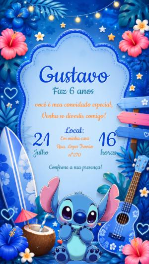 Convite de Aniversário Stitch Tropical Azul para Editar