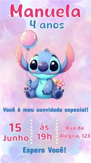 Convite de Aniversário Stitch Rosa e Azul Fofo para Editar