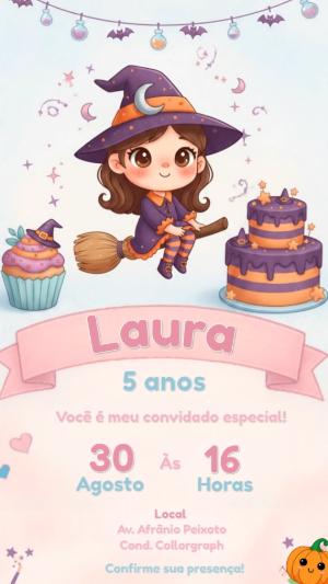 Convite Animado Aniversário Bruxinha Fofa para Editar