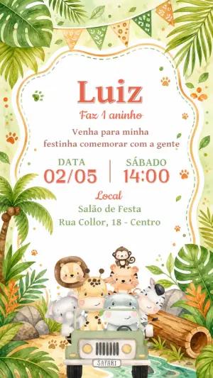 Convite de Aniversário Safari Baby Aquarela para Editar