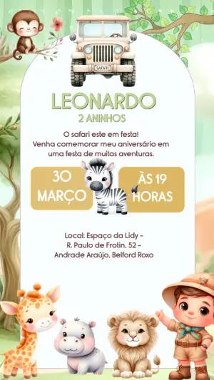 Convite de Aniversário Safari Fofo com Animais para Editar