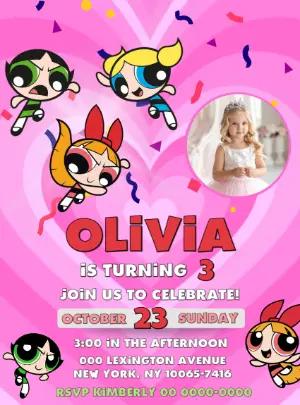 Editable Powerpuff Girls Birthday Invite with Photo Template