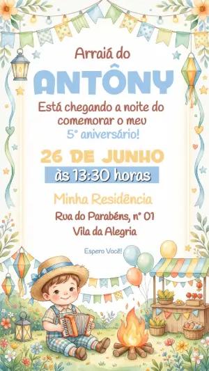 Convite de Aniversário Festa Junina Aquarela Infantil Editável