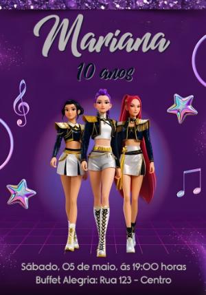Convite de Aniversário Guerreiras do K-Pop com Glitter para Editar