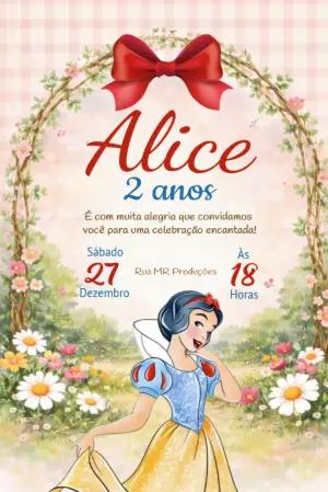 Convite Animado Branca de Neve Floral para Aniversário Editável