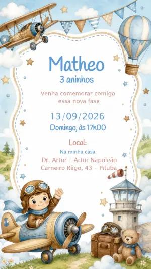Convite Aniversário Aviador Aquarela para Editar Online