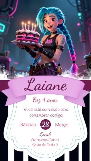 Convite de Aniversário Jinx Gamer | Modelo Digital Editável