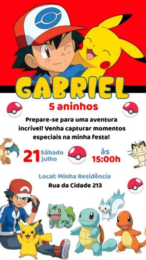 Convite de Aniversário Pokémon com Ash e Pikachu para Editar