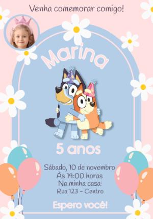 Convite Digital Aniversário Infantil Bluey com Foto para Editar