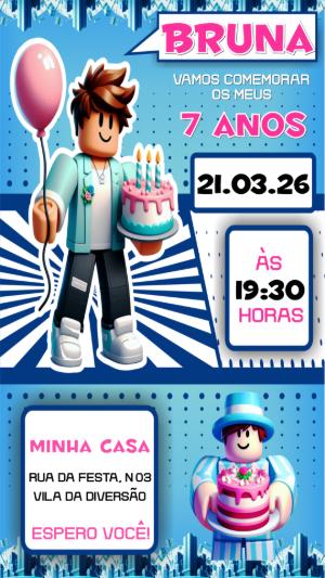 Convite de Aniversário Roblox Menina Azul e Rosa para Editar