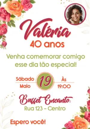 Convite de Aniversário Adulto Floral com Foto para Editar