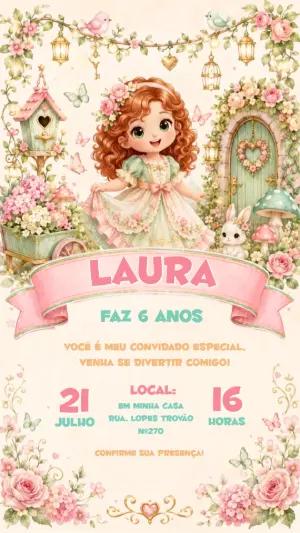 Convite Aniversário Jardim Encantado Menina Modelo Editável