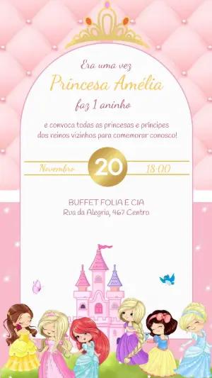 Convite de Aniversário Princesas Rosa e Dourado Editável