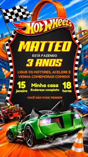 Convite de Aniversário Hot Wheels Carros de Corrida Editável
