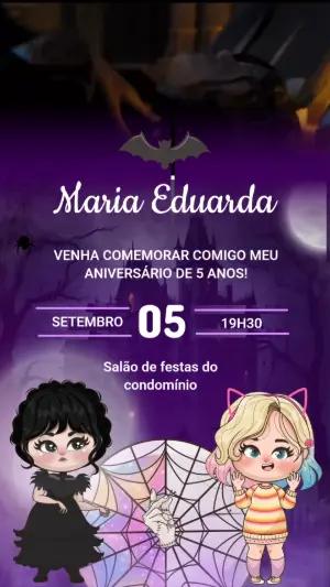 Convite Animado Wandinha Roxo para Aniversário Editável