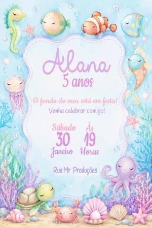 Convite Fundo do Mar Aquarela Infantil Editável