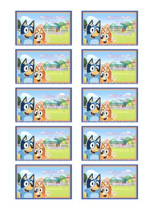 Etiqueta Escolar Bluey e Bingo Editável para Imprimir
