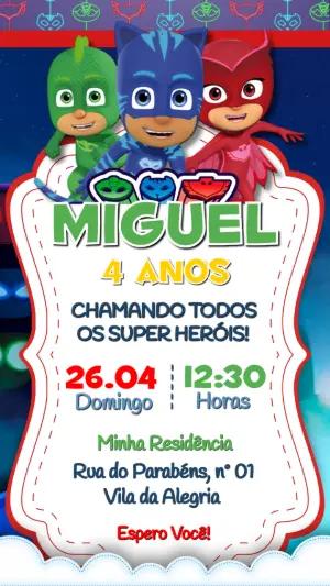 Convite de Aniversário PJ Masks: Modelo Digital para Editar
