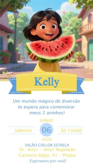 Convite de Aniversário Infantil Menina com Melancia Editável