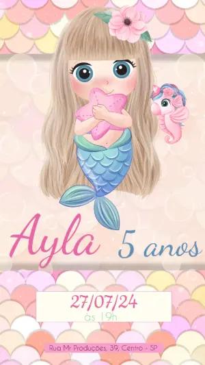Convite Aniversário Sereia Cute para Editar Online