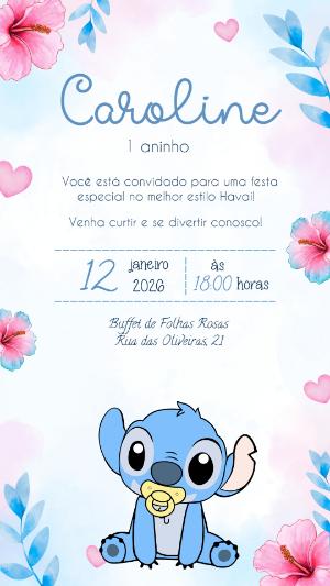 Convite Digital Aniversário Baby Stitch Aquarela para Editar