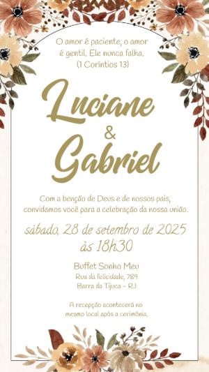 Convite de Casamento Floral Rústico em Tons Terrosos Editável