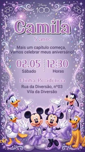 Convite de Aniversário Disney 100 Anos Lilás Editável