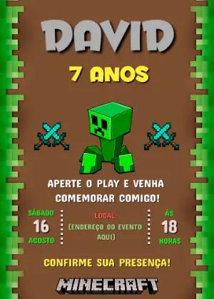 Convite de Aniversário Minecraft com Creeper para Editar Online