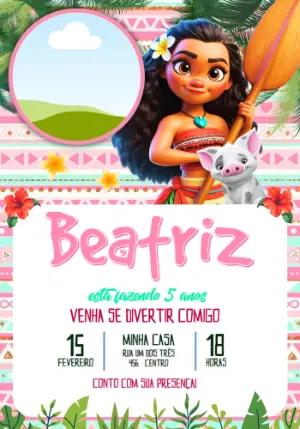 Convite de Aniversário Moana Rosa Tropical Editável com Foto