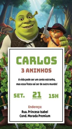 Convite de Aniversário Shrek e Gato de Botas para Editar Online