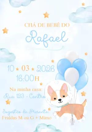 Convite Chá de Bebê Cachorrinho Astronauta Aquarela Editável