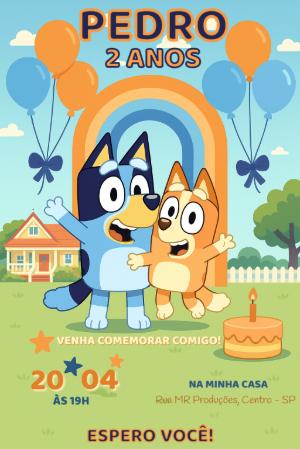 Convite Aniversário Bluey e Bingo para Editar Online
