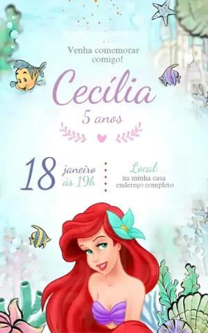 Convite de Aniversário Ariel Pequena Sereia Editável