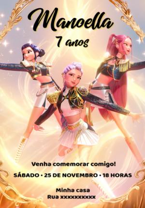 Convite de Aniversário Guerreiras do K-pop Dourado para Editar