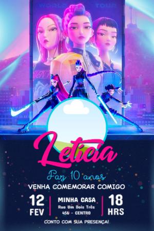 Convite de Aniversário Guerreiras K-pop Neon para Editar com Foto