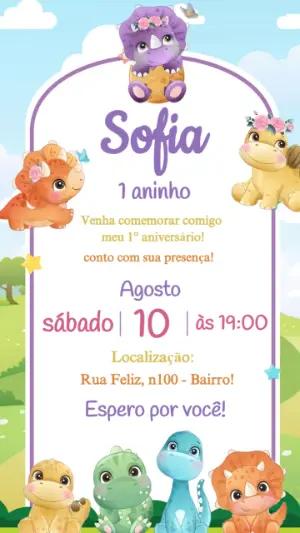 Convite Aniversário Dino Baby Menina para Editar Online