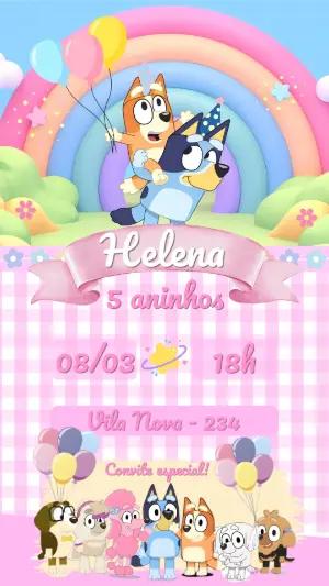 Convite de Aniversário Bluey e Bingo Rosa Editável