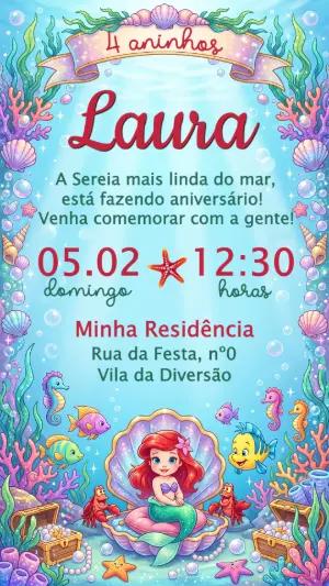 Convite de Aniversário Pequena Sereia Fundo do Mar Editável