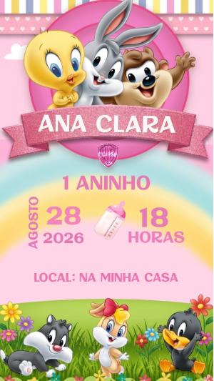 Convite de Aniversário Baby Looney Tunes Rosa Editável
