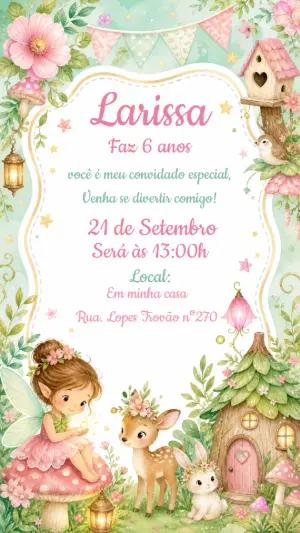 Convite Aniversário Fada no Bosque Encantado Editável