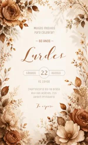 Convite Aniversário Feminino Floral Marrom Editável