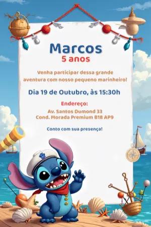 Convite de Aniversário Stitch Marinheiro para Editar Online