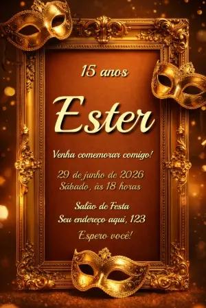 Convite de 15 Anos Baile de Máscaras Dourado Editável