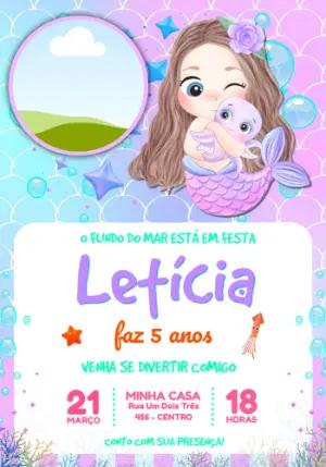 Convite de Aniversário Sereia Fofa Fundo do Mar para Editar