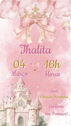 Convite Aniversário Princesa Rosa e Dourado Editável