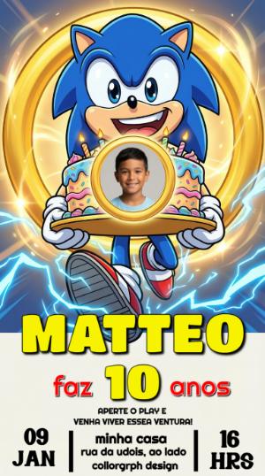 Convite de Aniversário Sonic com Foto para Editar Online